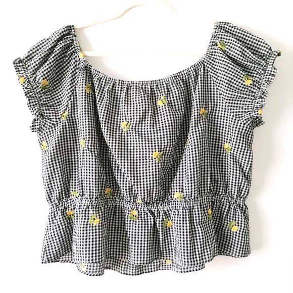 Forever 21 Womens Black White Gingham Off-Shoulder Embroidered Crop Top Size 2X - Picture 4 of 8